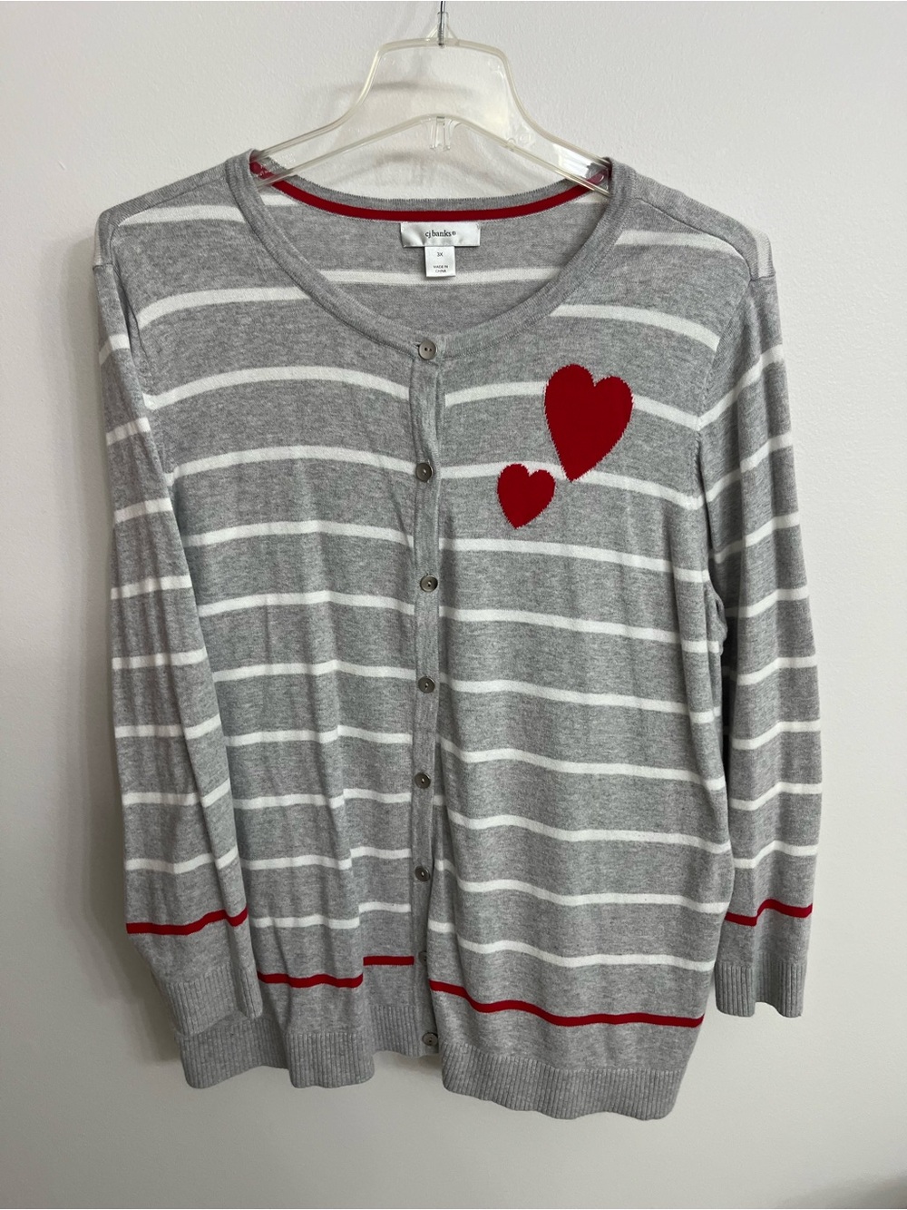 CJ Banks Women’s 3X Gray & White Striped Cardigan with Red Heart Accents